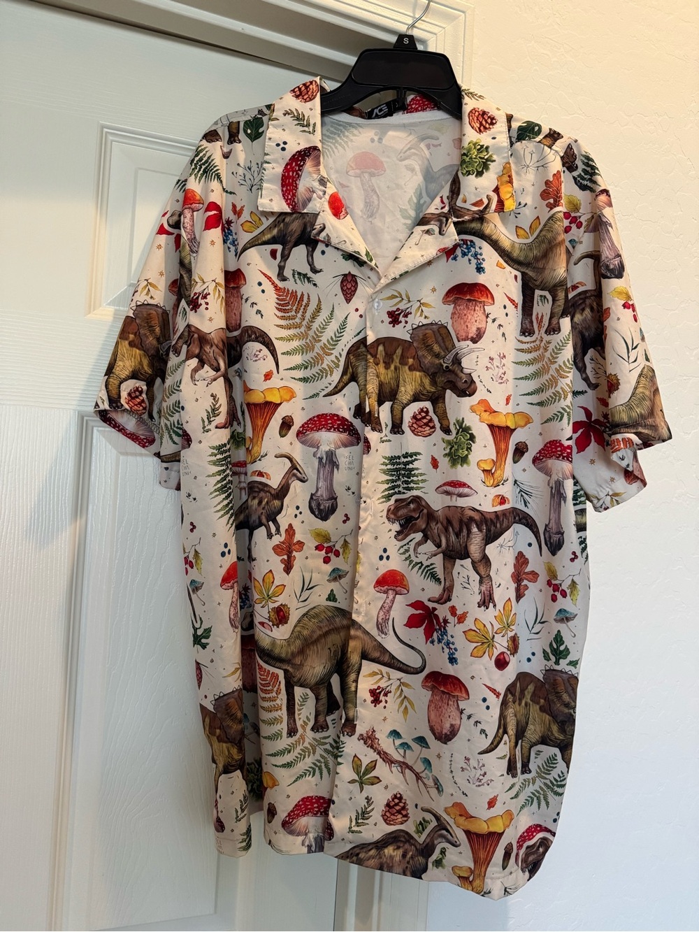 Funny Colorful Hawaiian Shirt for Men Dinosaurs Mushrooms Size XL